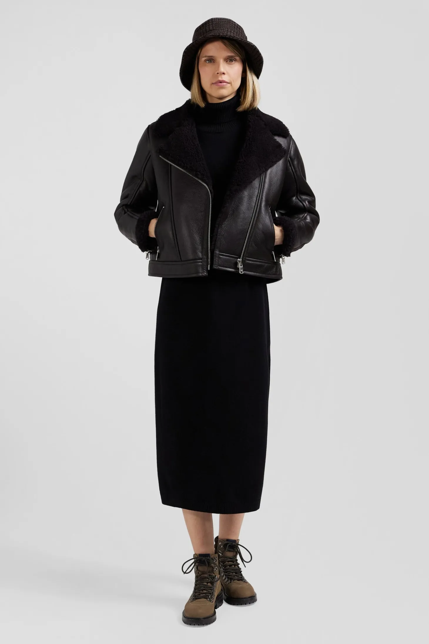 Blouson perfecto en cuir marron coupe Regular