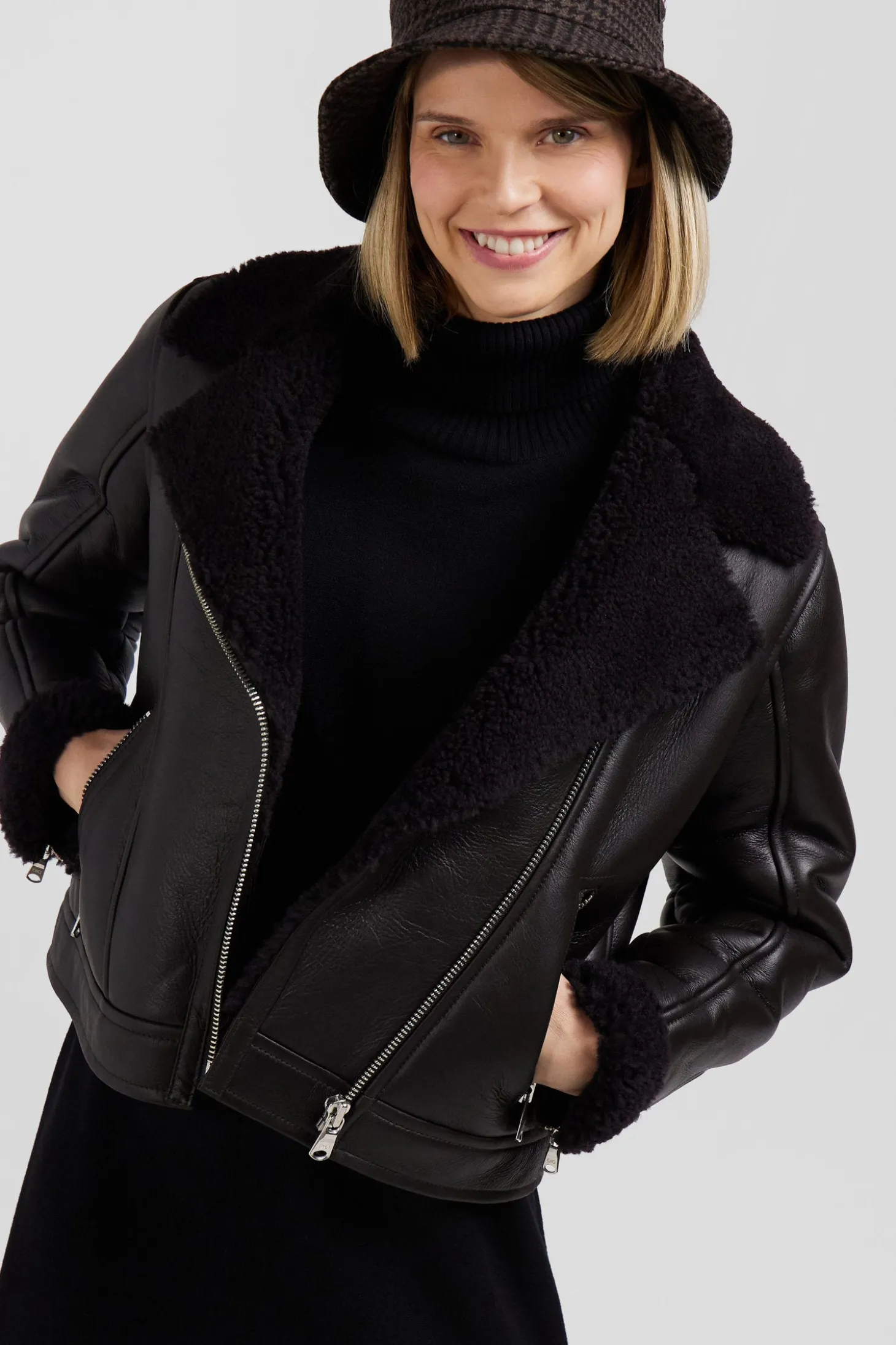 Blouson perfecto en cuir marron coupe Regular