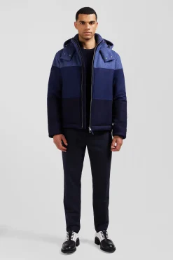 Blouson zippé à capuche en jersey de laine bleu marine