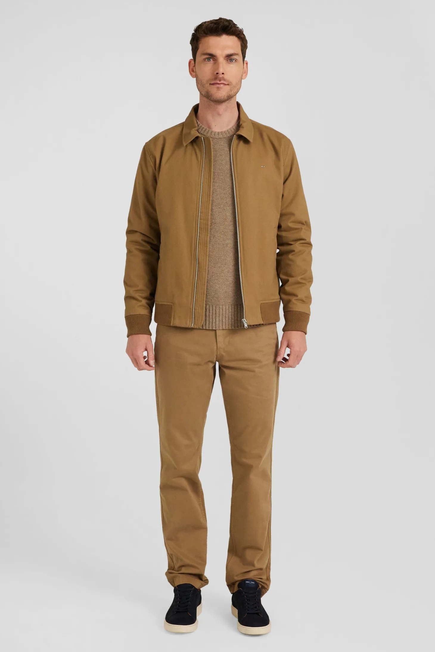 Blouson zippé à col chemise en gabardine de coton camel