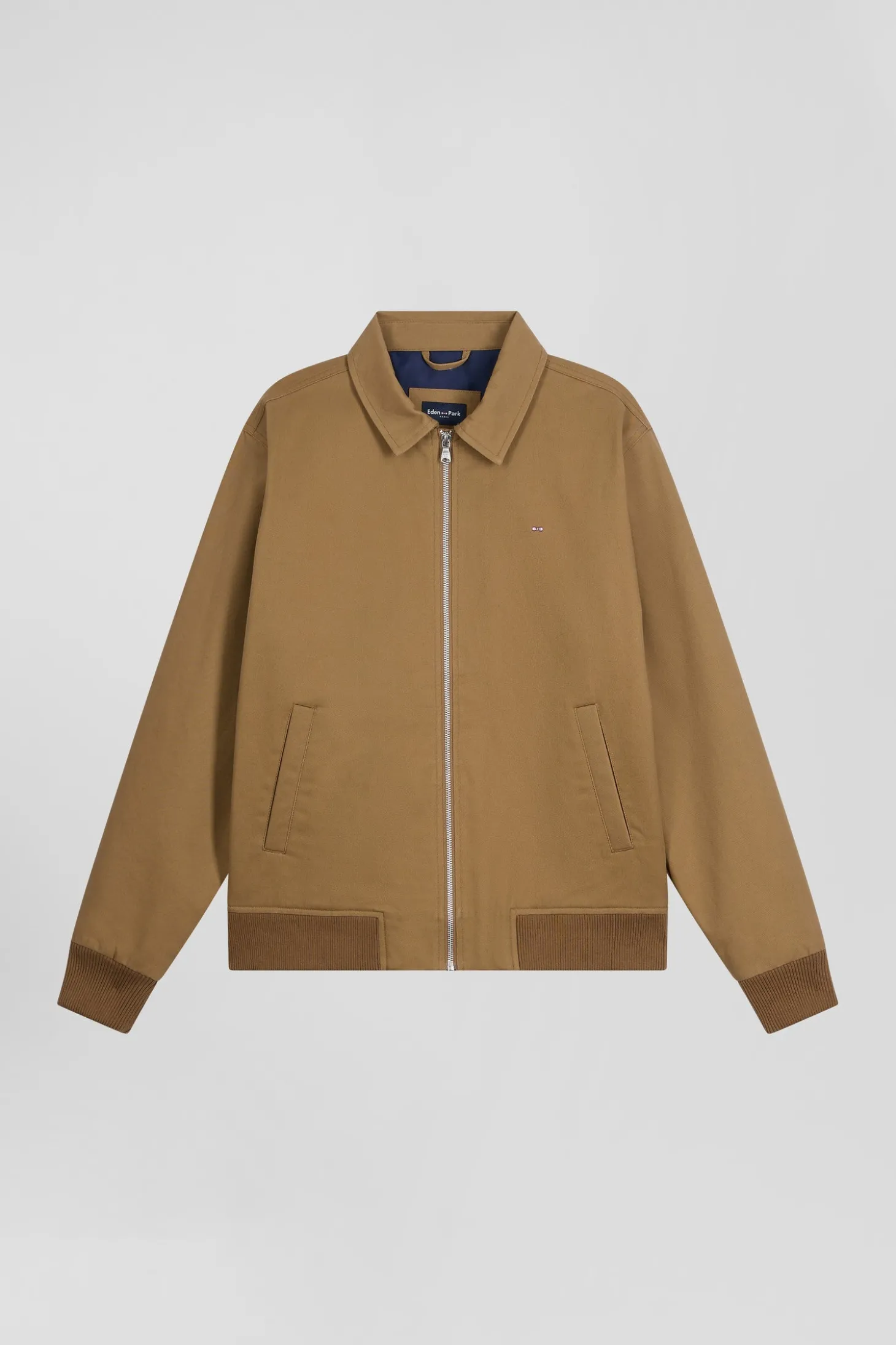 Blouson zippé à col chemise en gabardine de coton camel