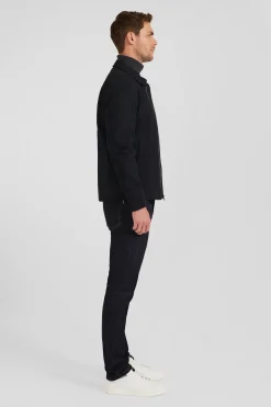 Blouson zippé à col chemise en gabardine de coton bleu marine