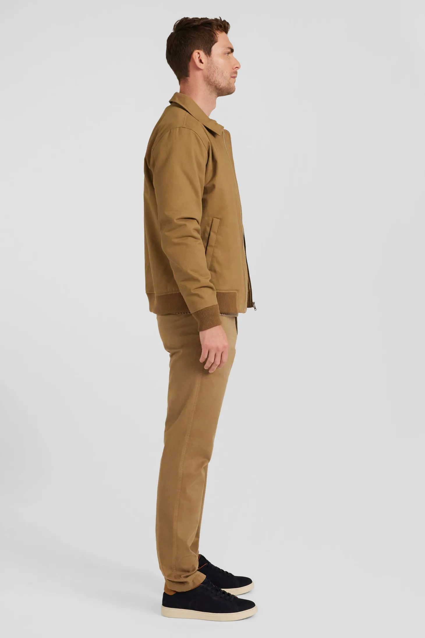 Blouson zippé à col chemise en gabardine de coton camel