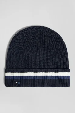 Bonnet en coton bleu marine à revers rayé