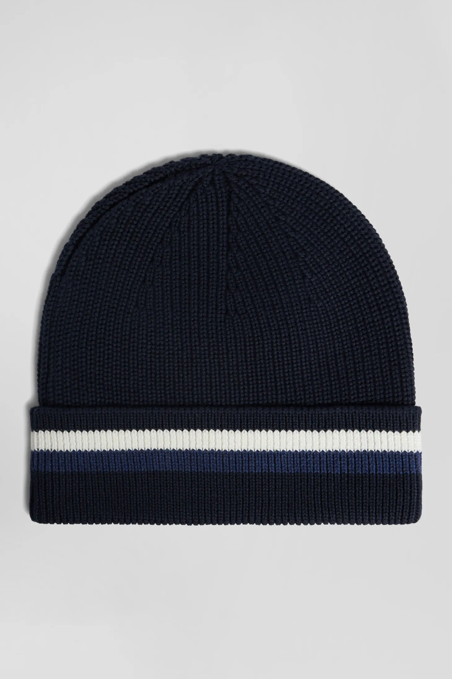 Bonnet en coton bleu marine à revers rayé