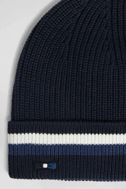 Bonnet en coton bleu marine à revers rayé