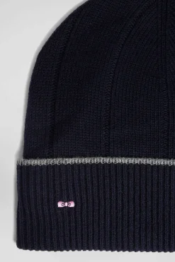 Bonnet en coton et cachemire bleu marine liseré contrasté