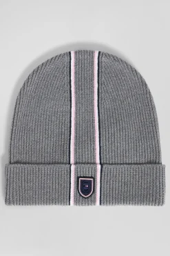 Bonnet en coton gris rayures roses et blanches