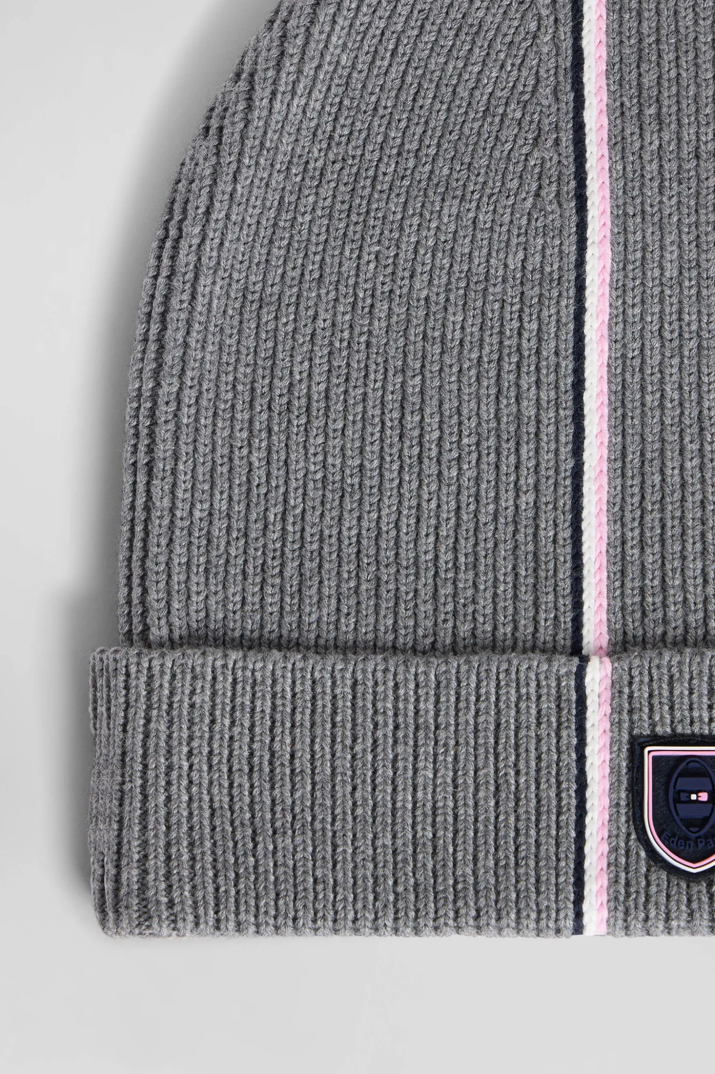 Bonnet en coton gris rayures roses et blanches