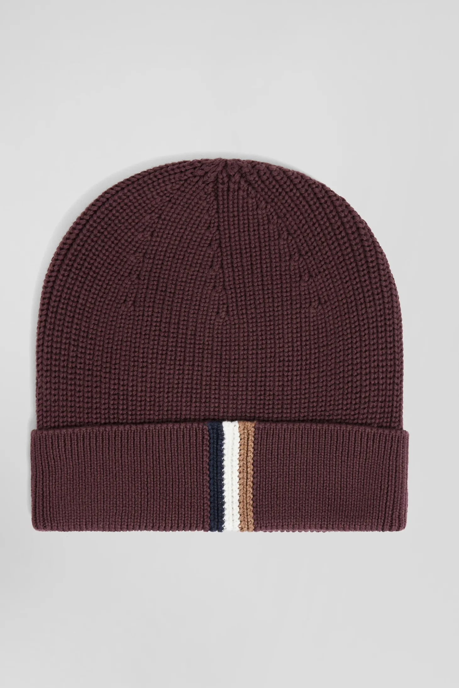 Bonnet tricoté en coton bordeaux détails tricolores