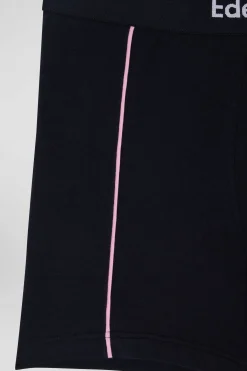 Boxer en coton stretch bleu marine à passepoil rose