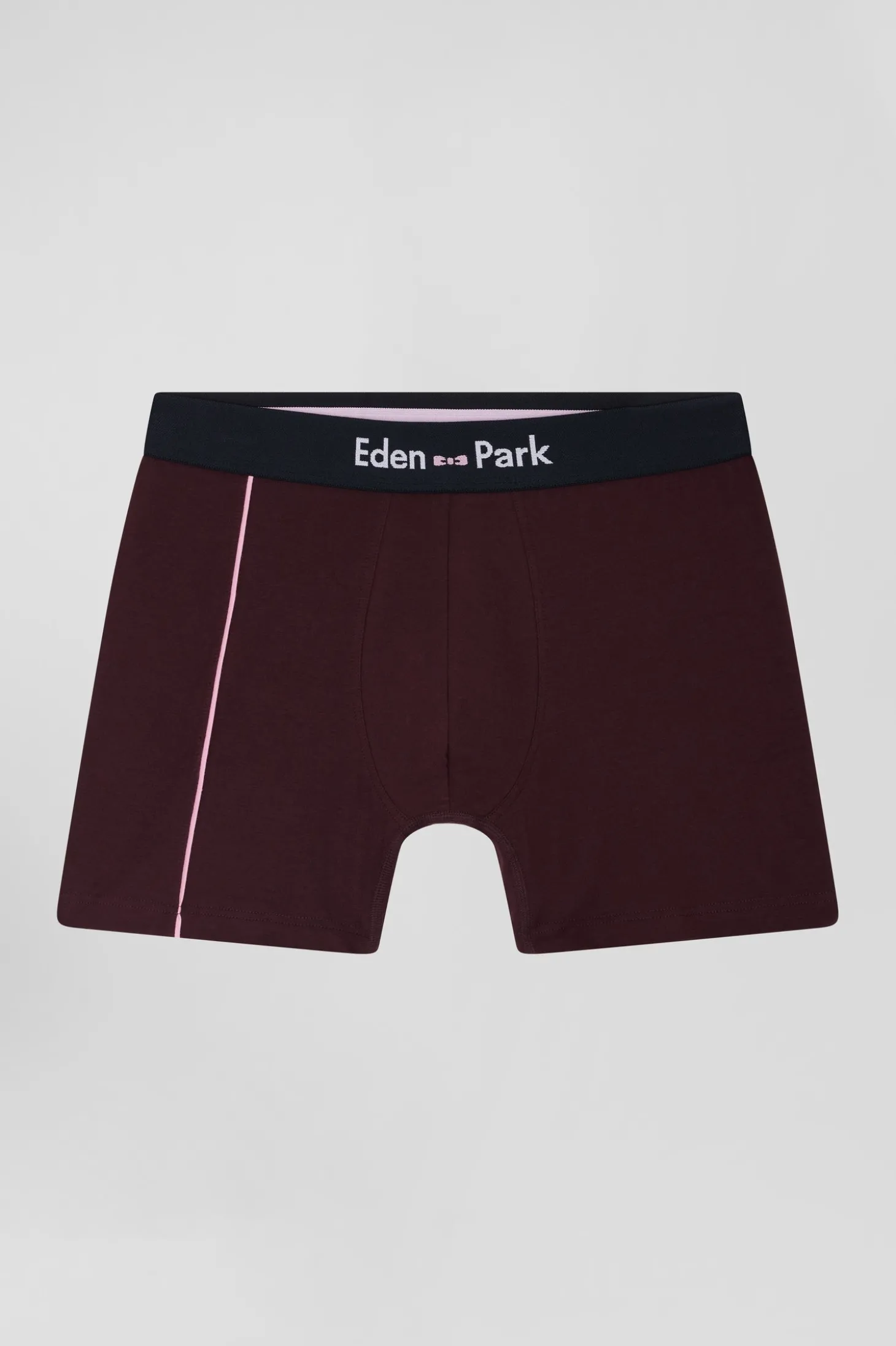 Boxer en coton stretch bordeaux à passepoil rose