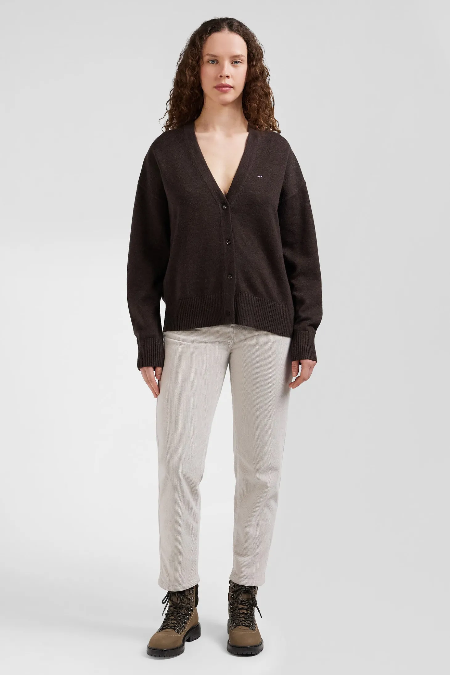 Cardigan en laine et coton marron coupe Relaxed