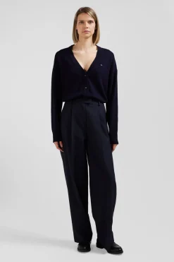 Cardigan en laine et coton bleu marine coupe Relaxed