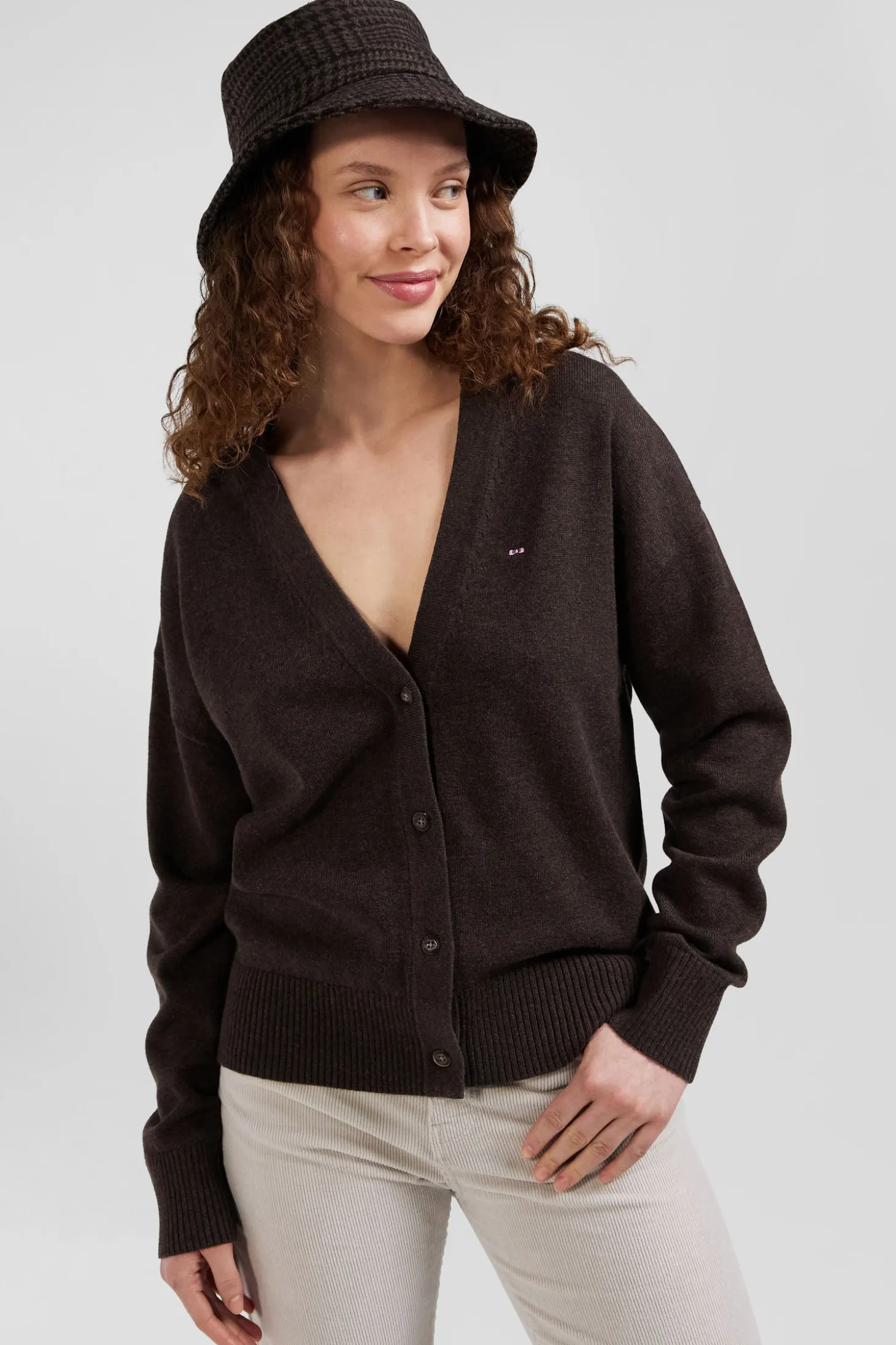 Cardigan en laine et coton marron coupe Relaxed