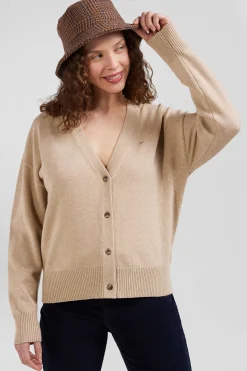 Cardigan en laine et coton beige coupe Relaxed