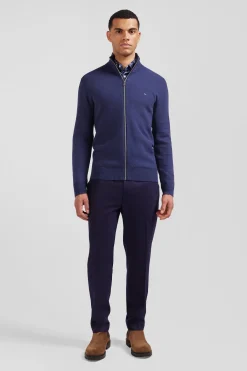 Cardigan zippé à col montant uni bleu marine en coton