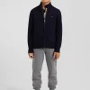 Cardigan zippé à col montant en laine et coton marine coupe Regular
