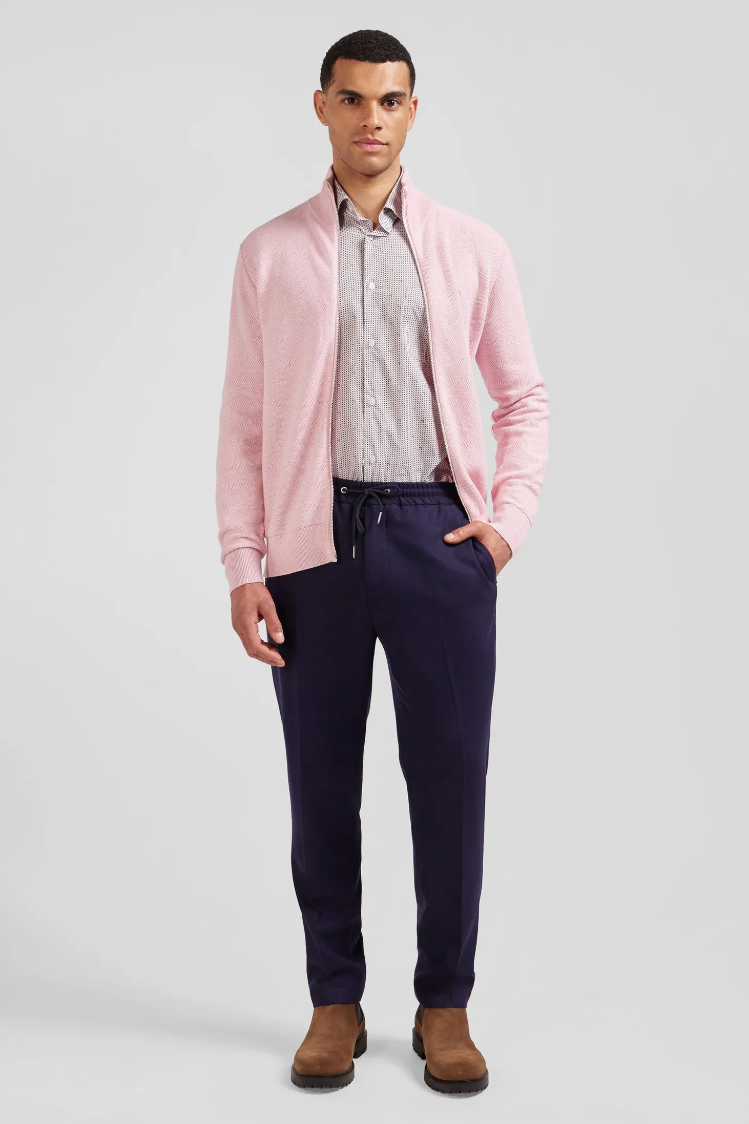 Cardigan zippé à col montant uni rose en coton