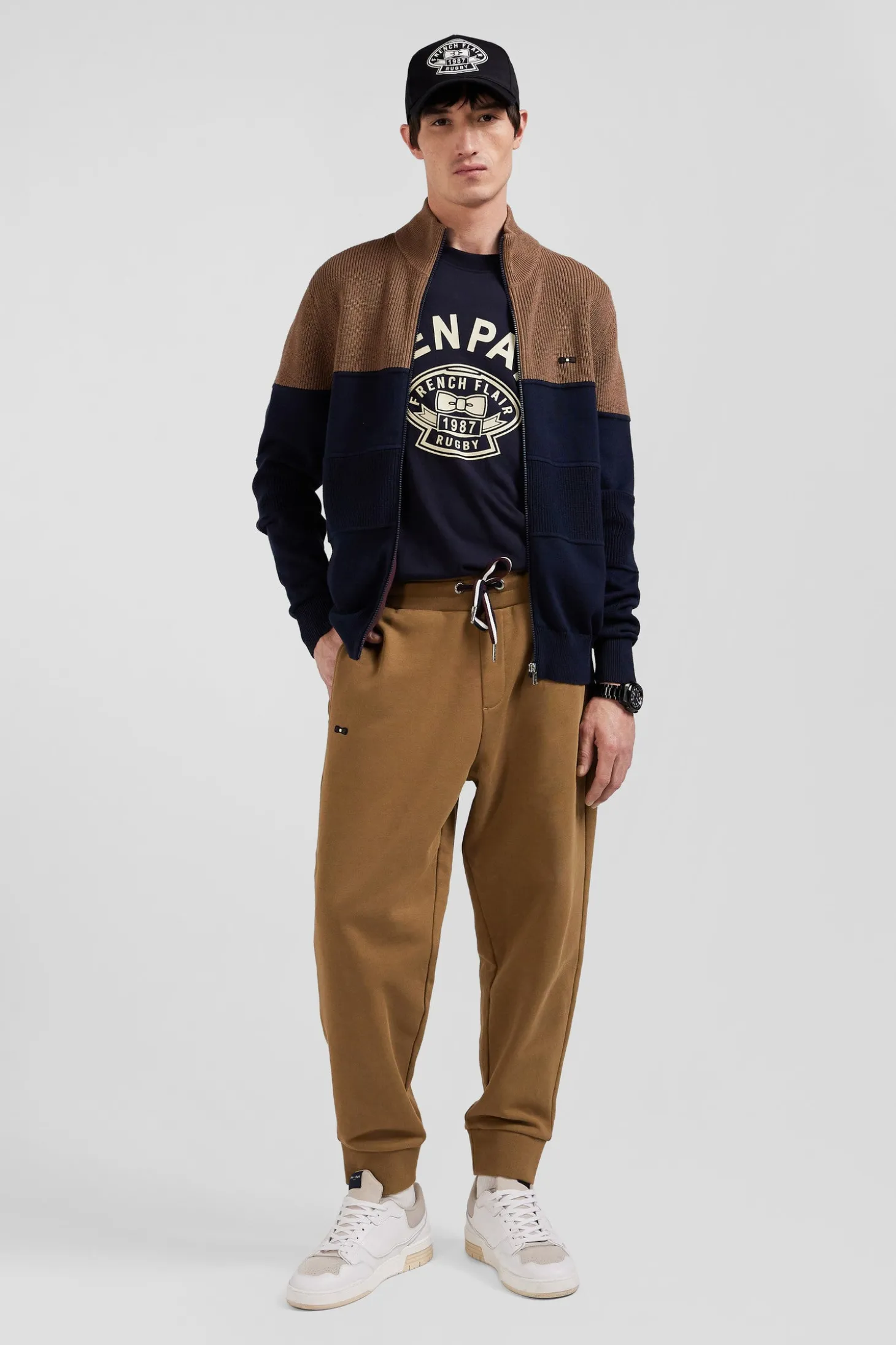 Cardigan zippé à col montant marine et camel en coton