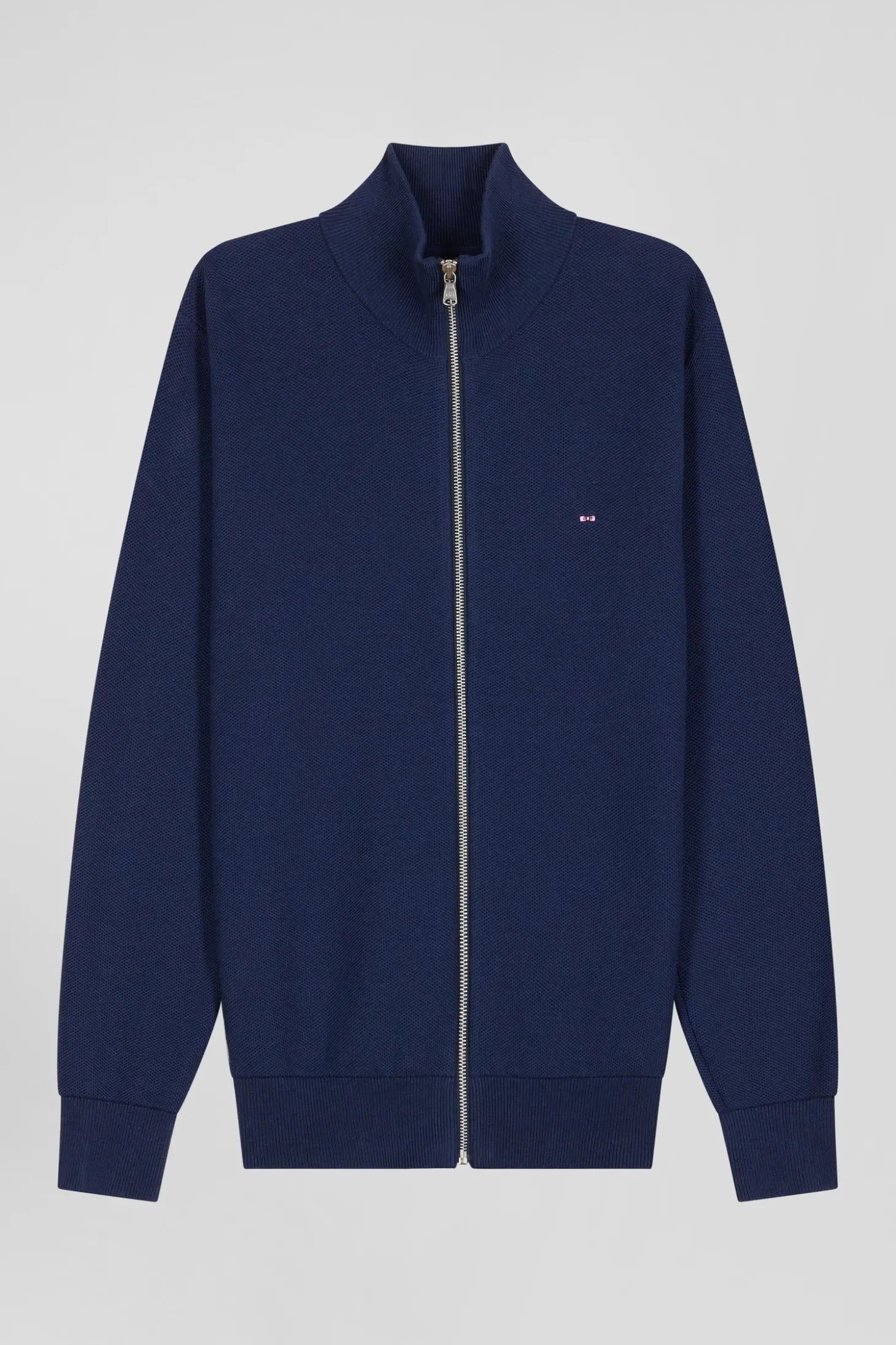 Cardigan zippé à col montant uni bleu marine en coton