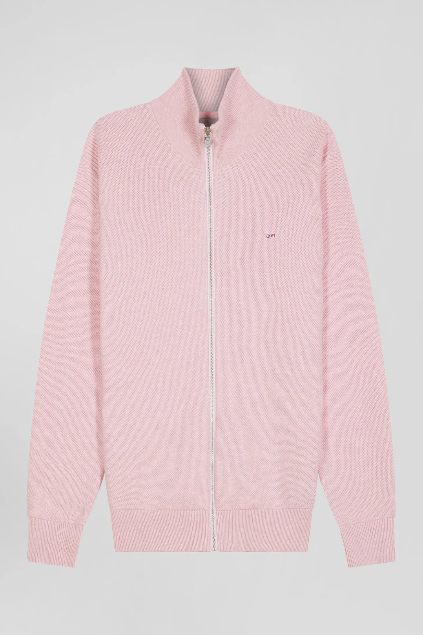 Cardigan zippé à col montant uni rose en coton