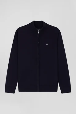 Cardigan zippé à col montant en laine et coton marine coupe Regular