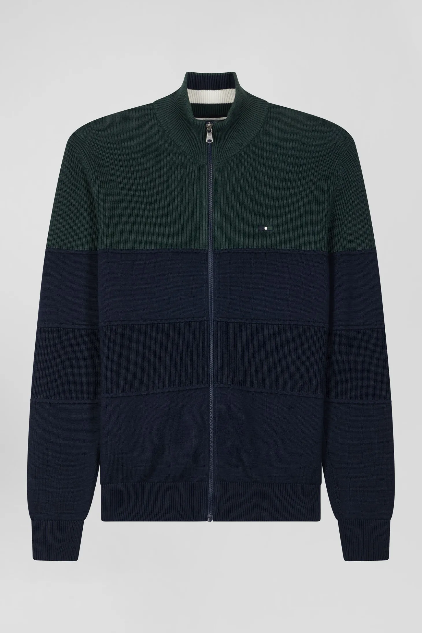 Cardigan zippé à col montant marine et vert en coton