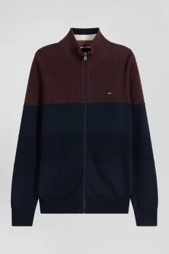 Cardigan zippé à col montant marine et bordeaux en coton