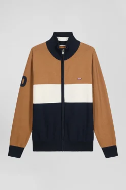 Cardigan zippé à col montant tricolore camel broderie 10 et jeu de maille