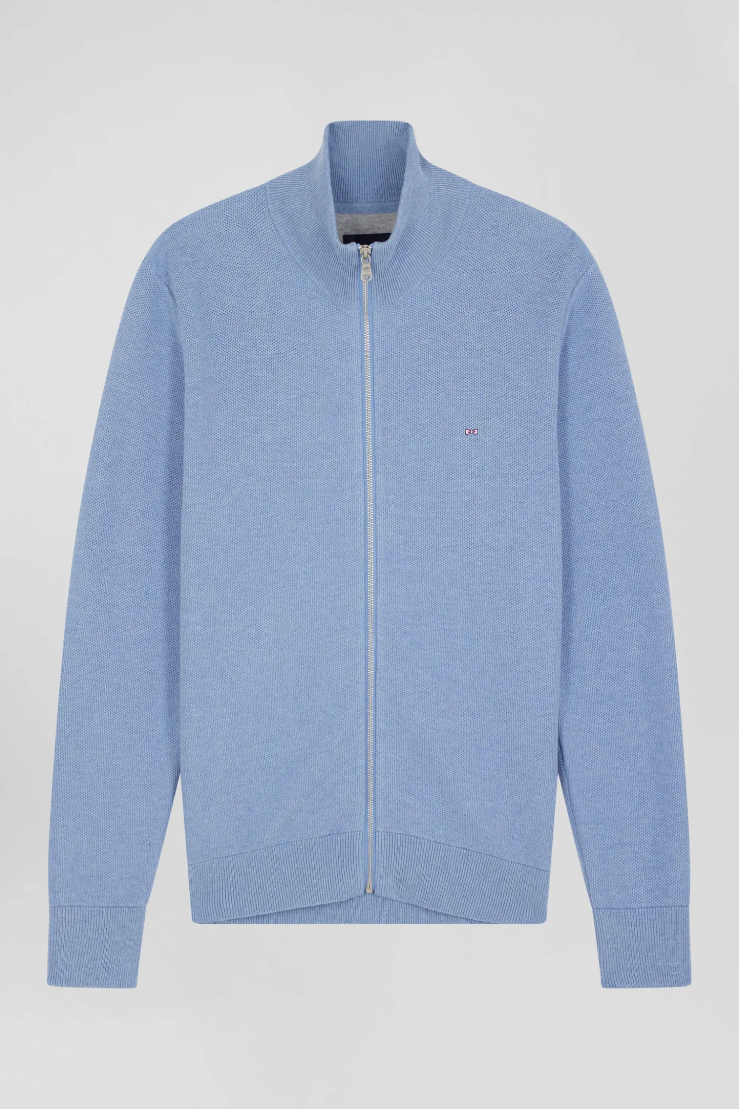 Cardigan zippé à col montant uni ciel en coton