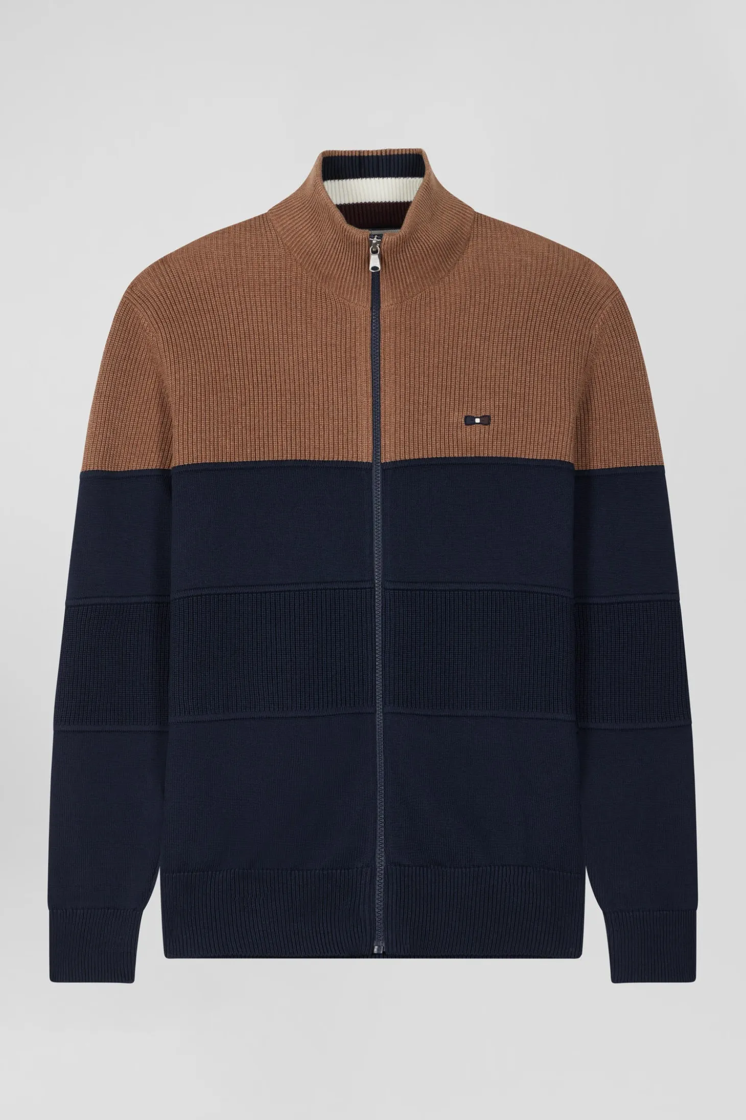 Cardigan zippé à col montant marine et camel en coton
