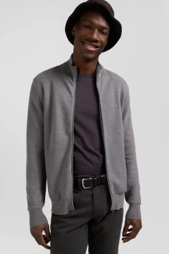 Cardigan zippé à col montant uni gris chiné en coton
