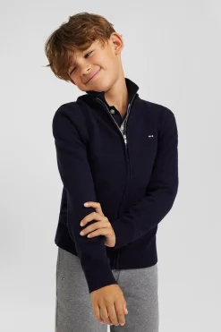 Cardigan zippé à col montant en laine et coton marine coupe Regular