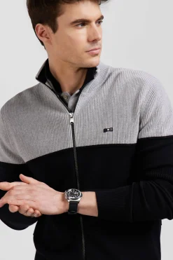 Cardigan zippé à col montant marine et gris en coton