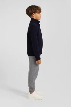 Cardigan zippé à col montant en laine et coton marine coupe Regular