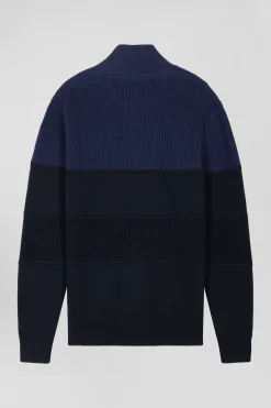 Cardigan zippé à col montant marine et bleu en coton