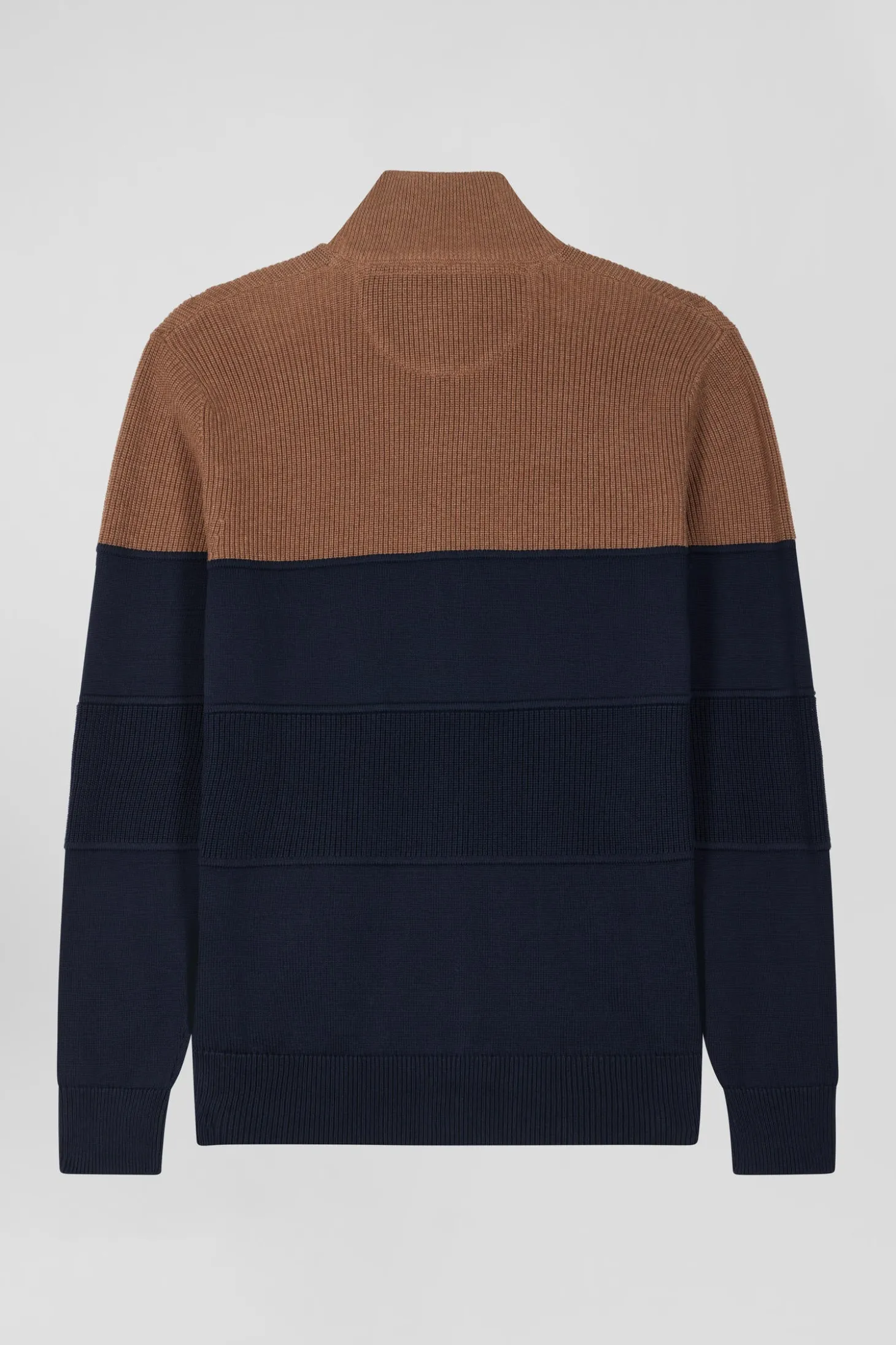 Cardigan zippé à col montant marine et camel en coton