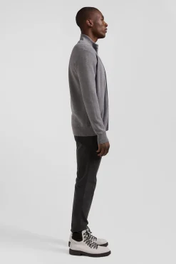 Cardigan zippé à col montant uni gris chiné en coton