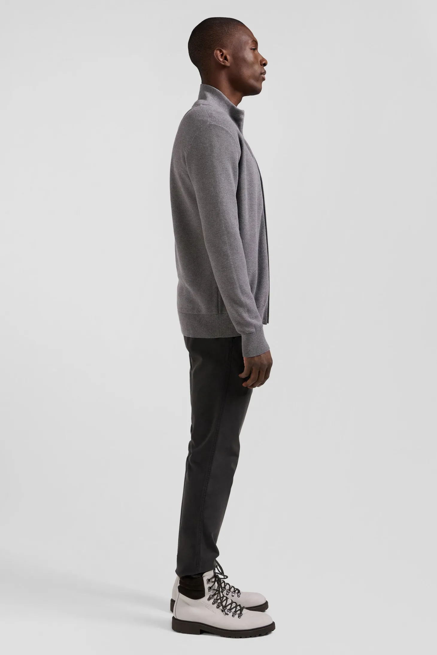 Cardigan zippé à col montant uni gris chiné en coton