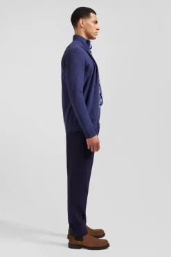 Cardigan zippé à col montant uni bleu marine en coton