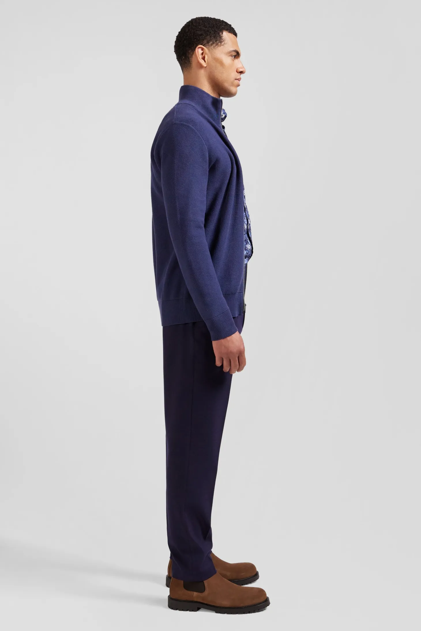 Cardigan zippé à col montant uni bleu marine en coton