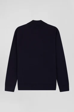 Cardigan zippé à col montant en laine et coton marine coupe Regular