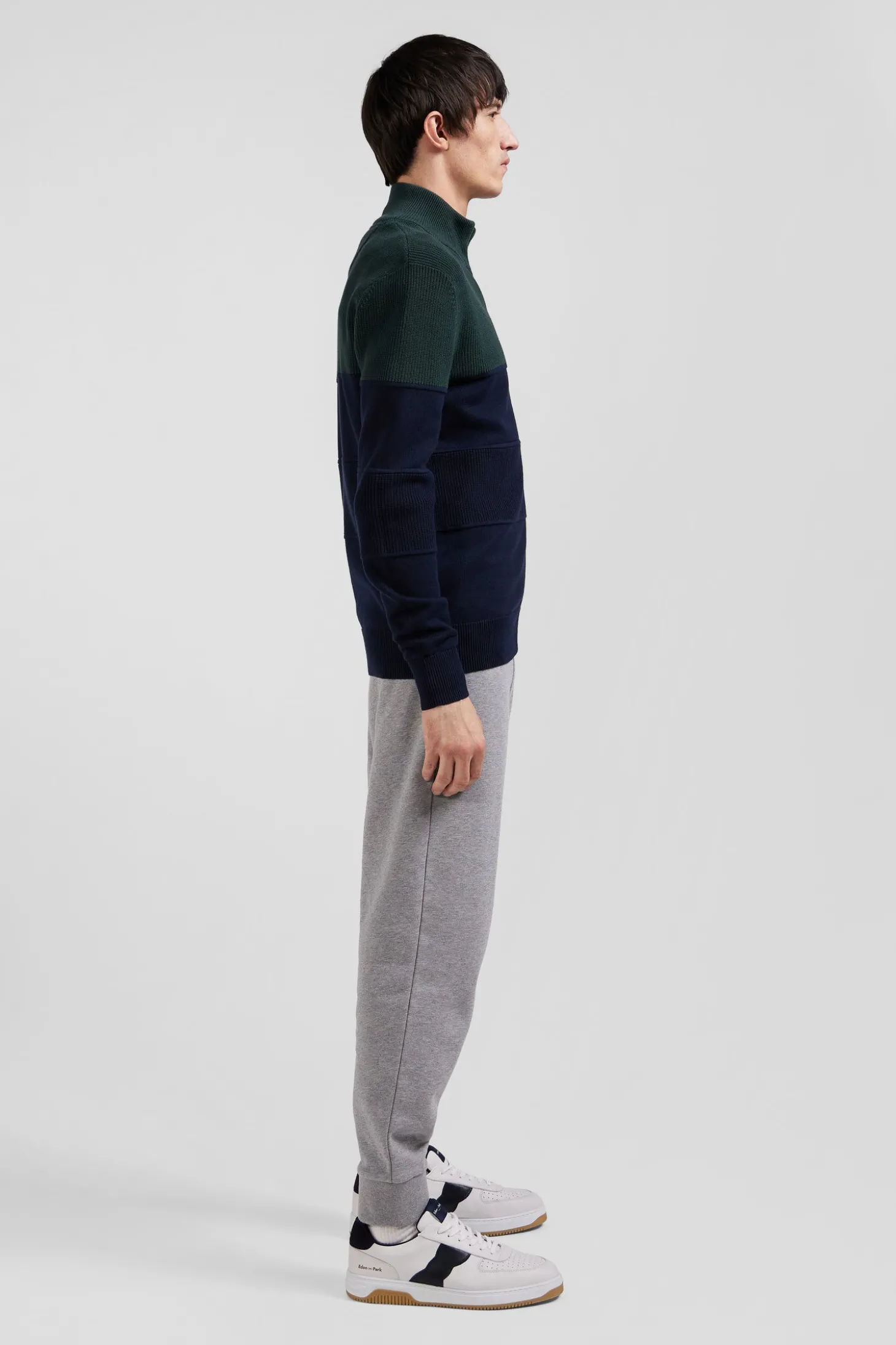 Cardigan zippé à col montant marine et vert en coton