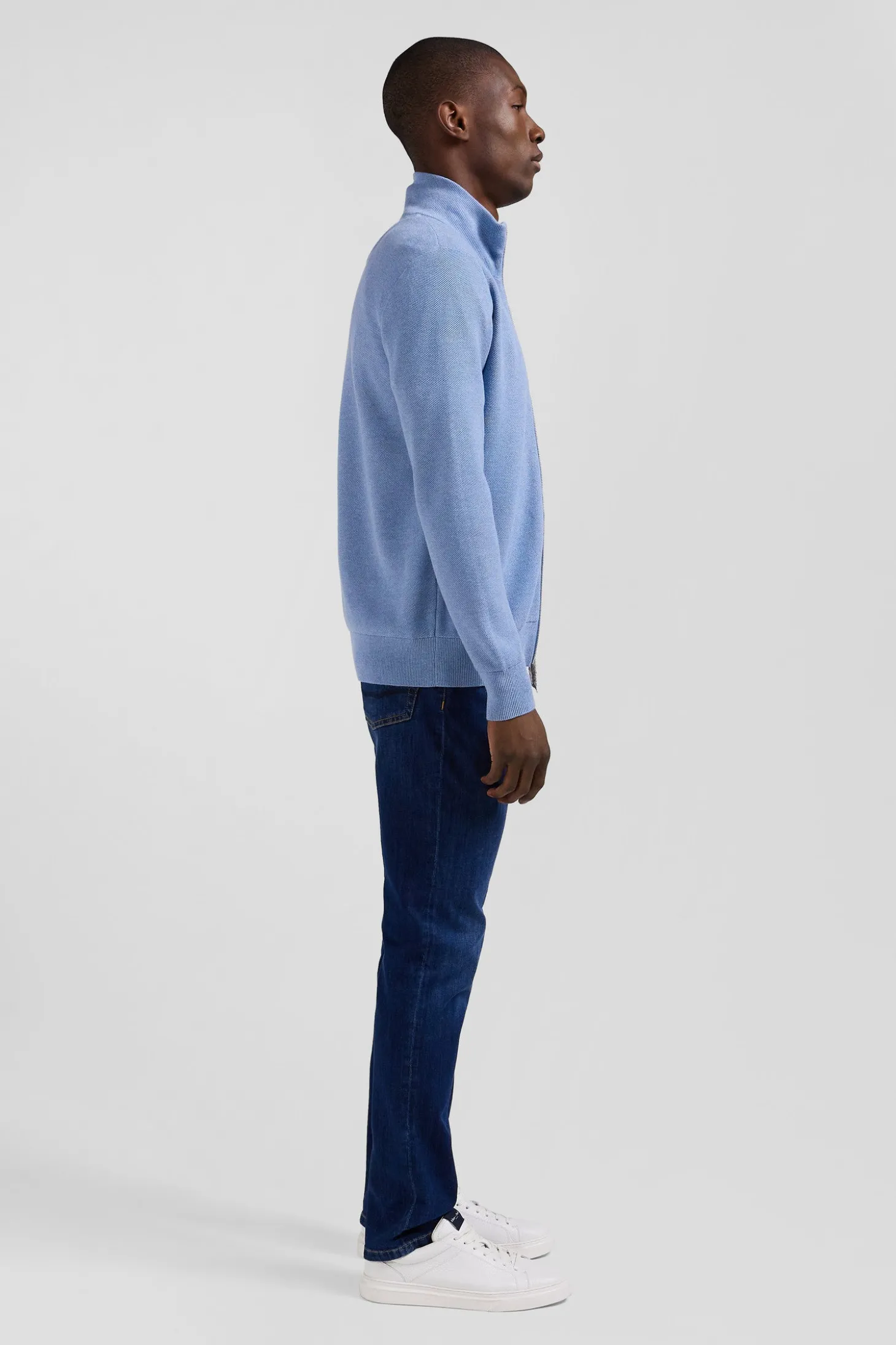 Cardigan zippé à col montant uni ciel en coton