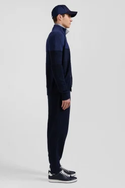 Cardigan zippé à col montant marine et bleu en coton