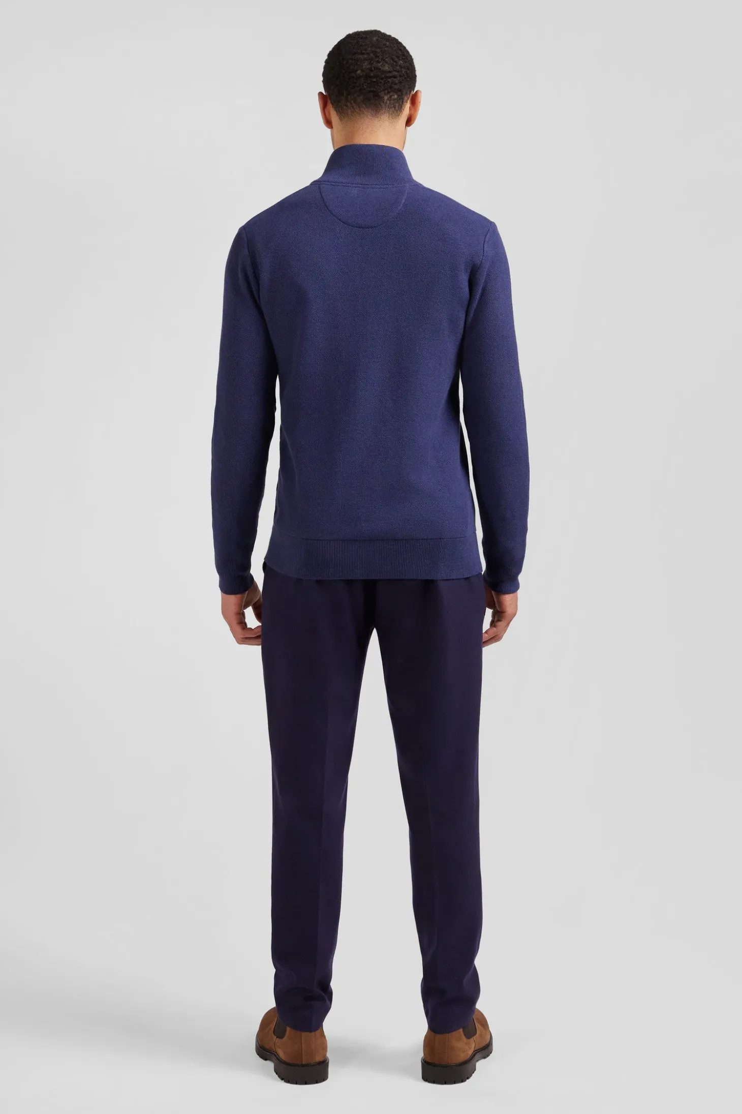 Cardigan zippé à col montant uni bleu marine en coton
