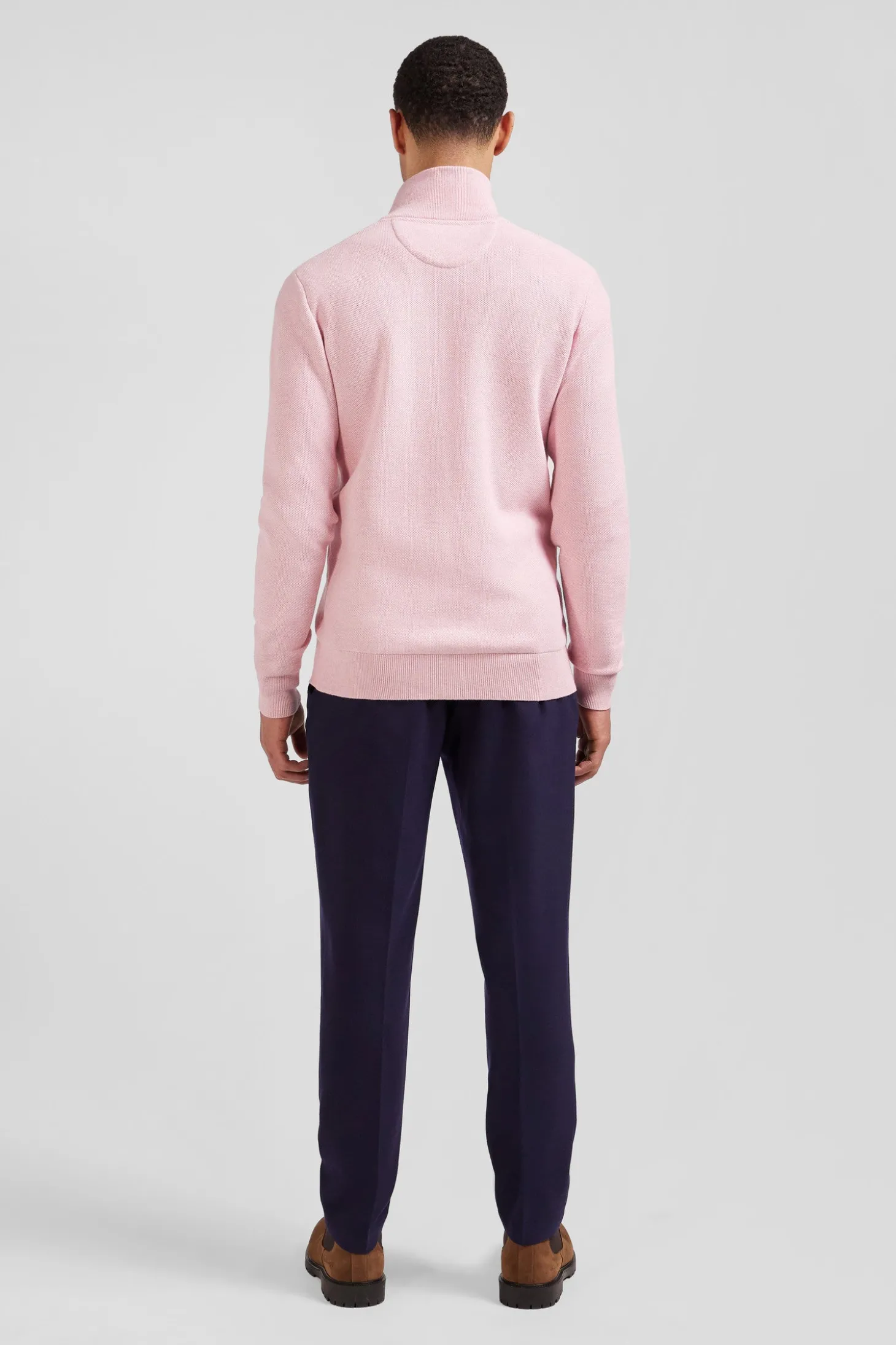 Cardigan zippé à col montant uni rose en coton