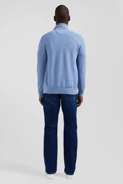 Cardigan zippé à col montant uni ciel en coton