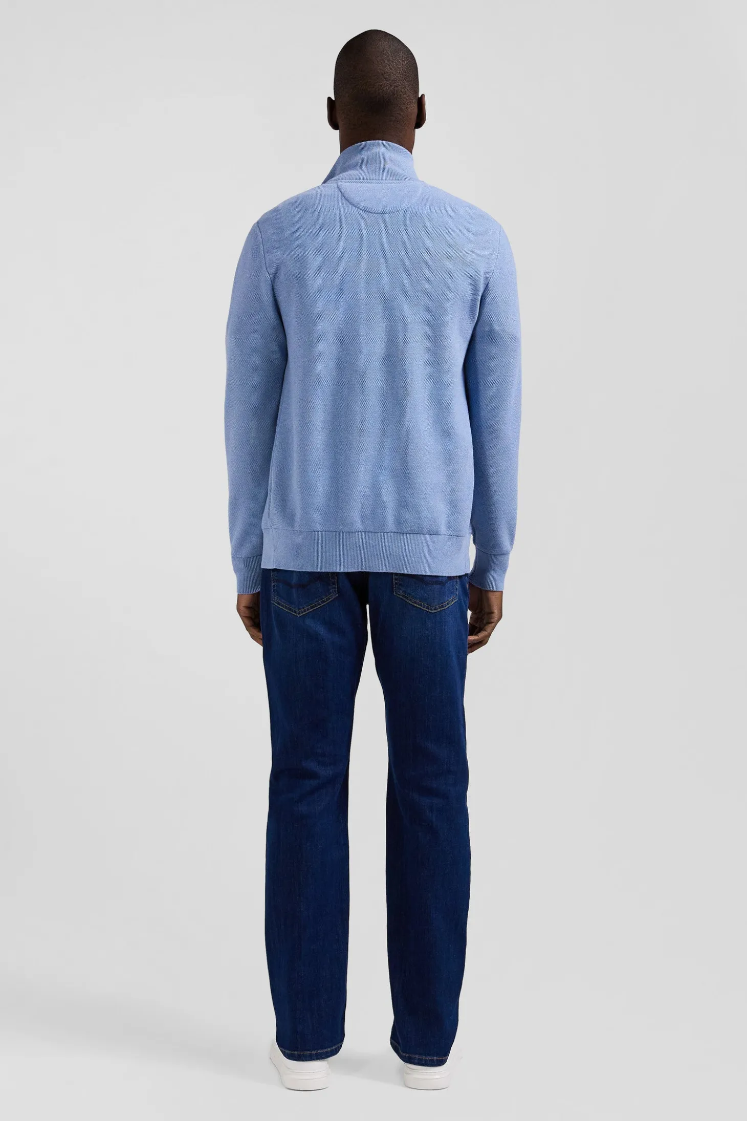Cardigan zippé à col montant uni ciel en coton